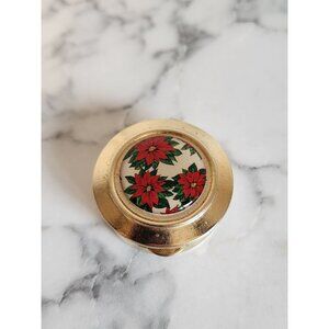 Vintage Gold-Tone Round Pill Trinket Box With Red Poinsettia Design